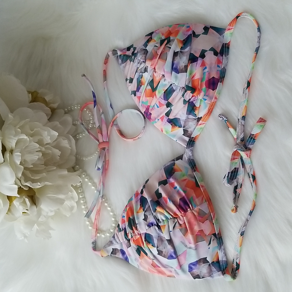 Triangle Push-Up Style String Bikini Top Abstract Print Ruched Detail